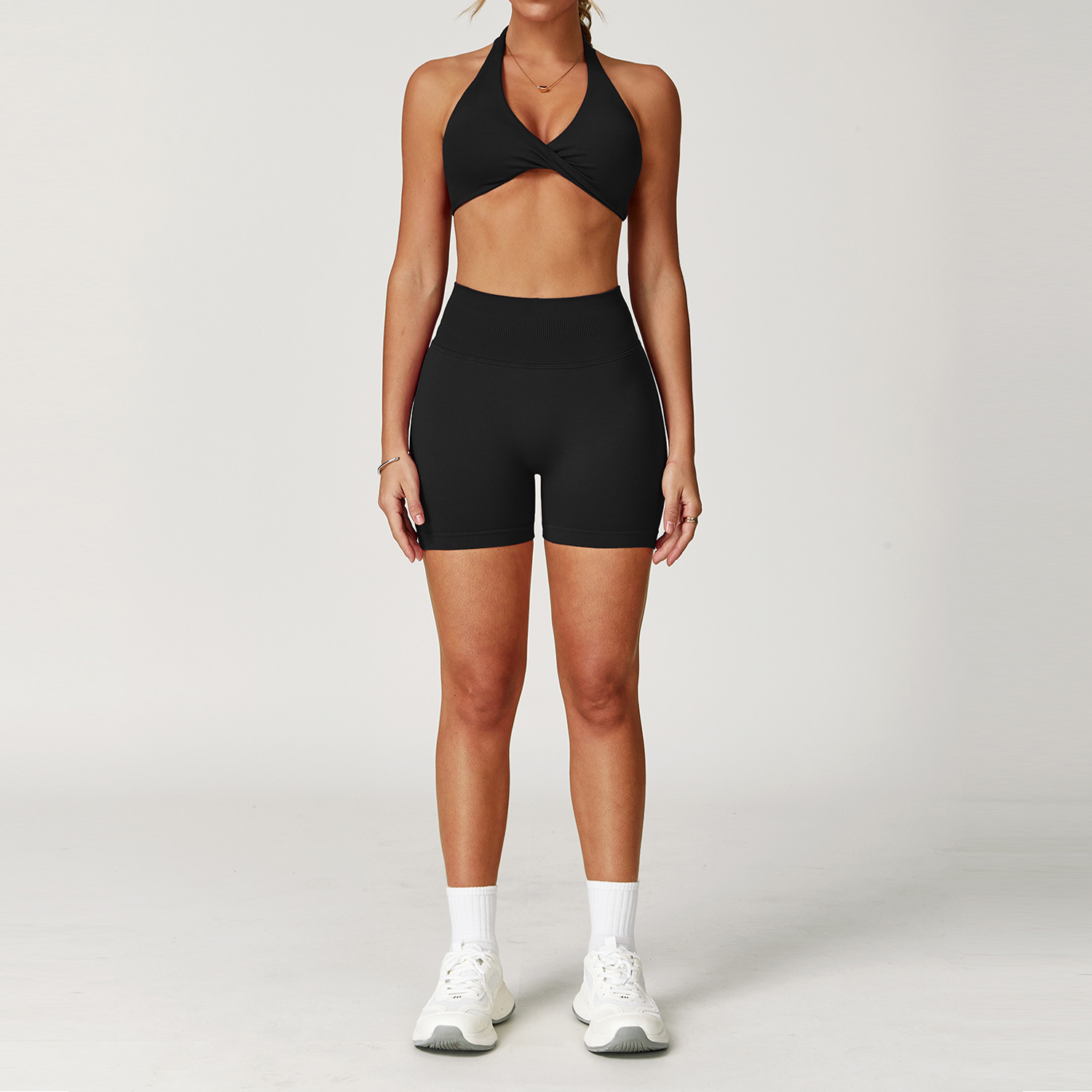New Design Modest Training Exercise Yoga Wear Private Label Gym Sport Bra and Seamless Shorts Leggings Set for Women
