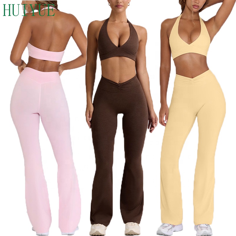Wholesale New Women's 2 Pieces Yoga Gym Sets Fitness Clothing Activewear Sets Solid Color Fitness Running Set