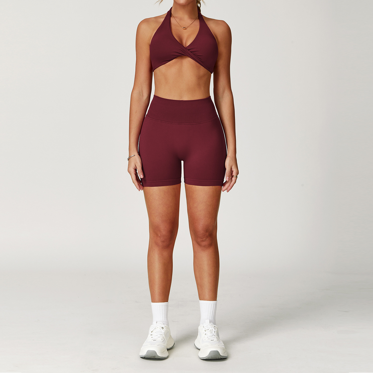 New Design Modest Training Exercise Yoga Wear Private Label Gym Sport Bra and Seamless Shorts Leggings Set for Women