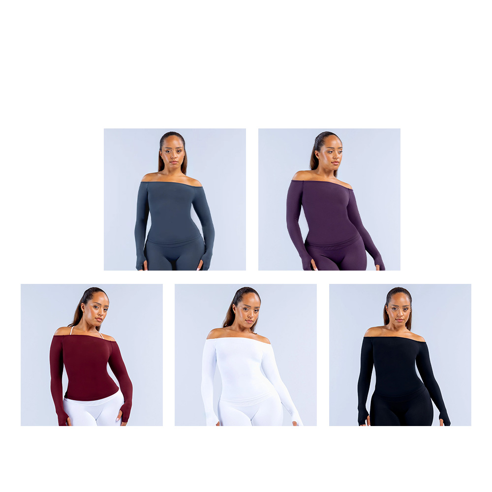 Wholesale Women's Off-shoulder Long Sleeves Fashion Design Custom Logo Private Label Solid Seamless Workout Yoga Gym Activewear