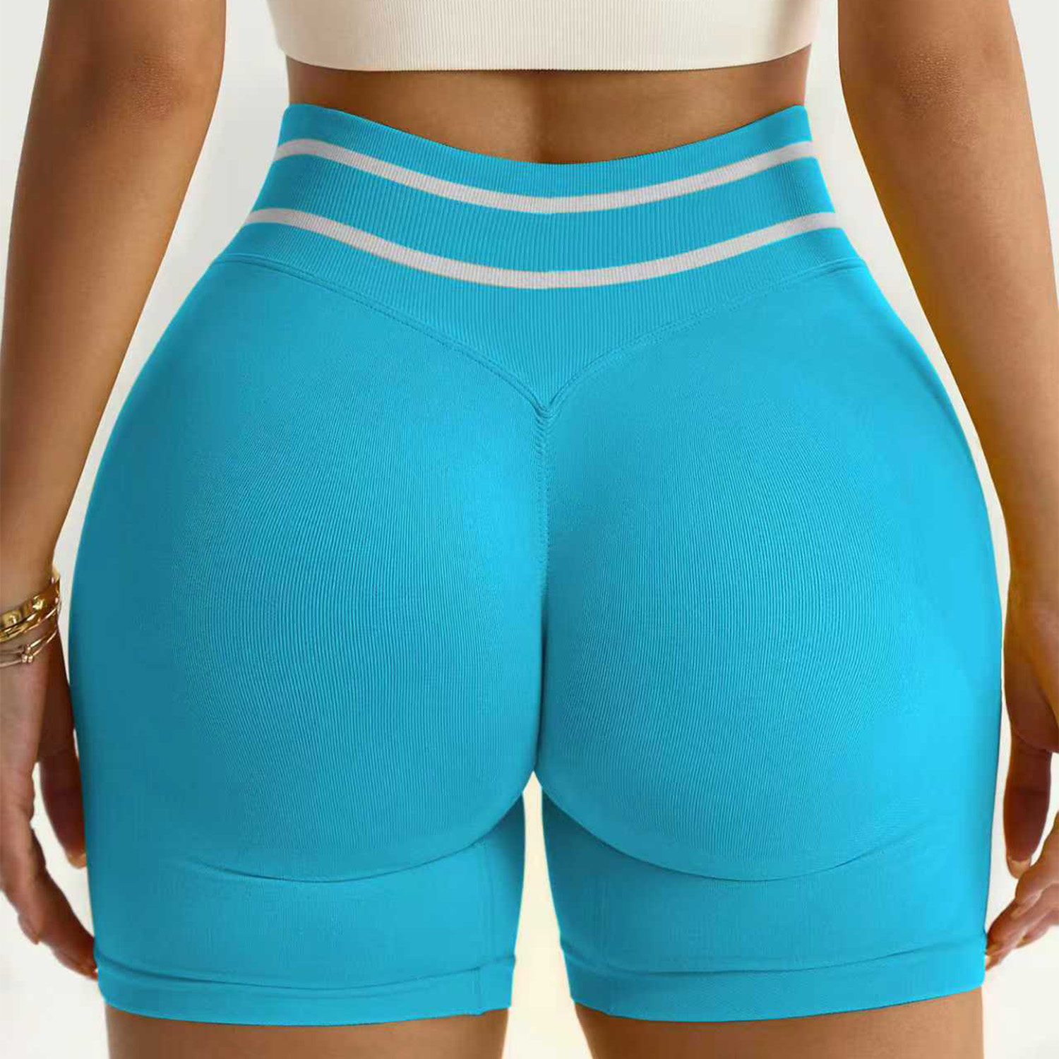 Wholesale Seamless Peach Hip Women's High Waist Yoga Shorts Color Block Stripe Quick Dry Running Butt Lifting Fitness Shorts