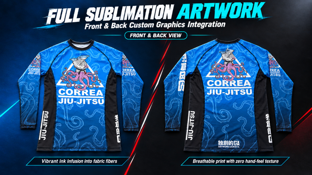 Custom Rashguard BJJ 4 Way Stretch Flatlock Stitched Silicone Waistband Sublimated Bjj Rashguard Long Sleeve Factory Supply