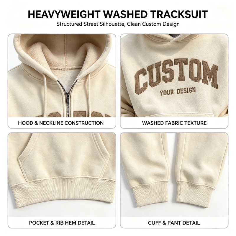 Custom Logo Applique Print 450 GSM 100% Cotton Oversized Zip-Up Hoodie and Baggy Sweatpants Tracksuit Set for Men
