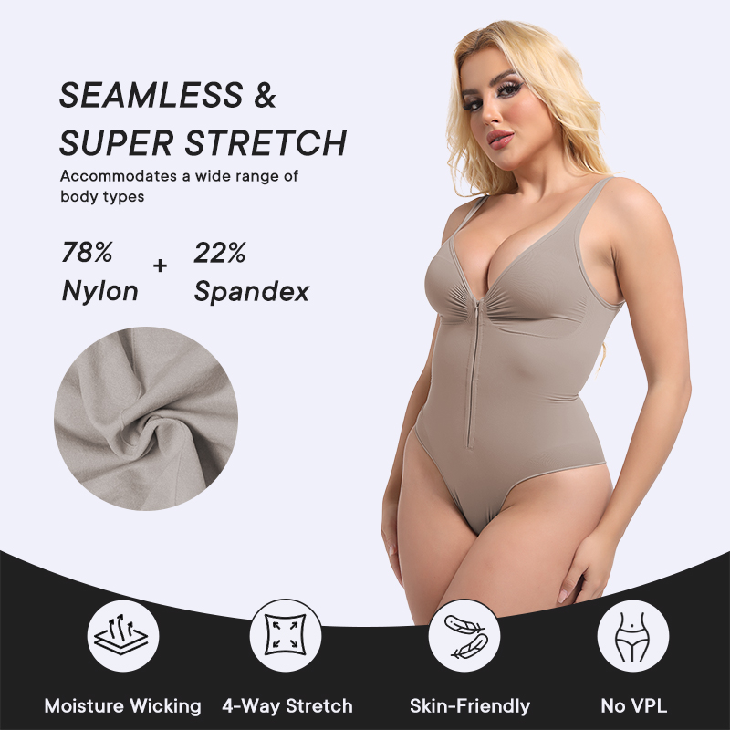 Front Invisible Zip up Brief Bodysuit Tank Top Slim Fit Sexy V Neck Shapewear Seamless One Pieces Bodysuit Jumpsuit