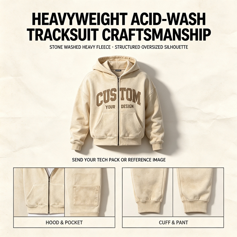 Custom Logo Applique Print 450 GSM 100% Cotton Oversized Zip-Up Hoodie and Baggy Sweatpants Tracksuit Set for Men