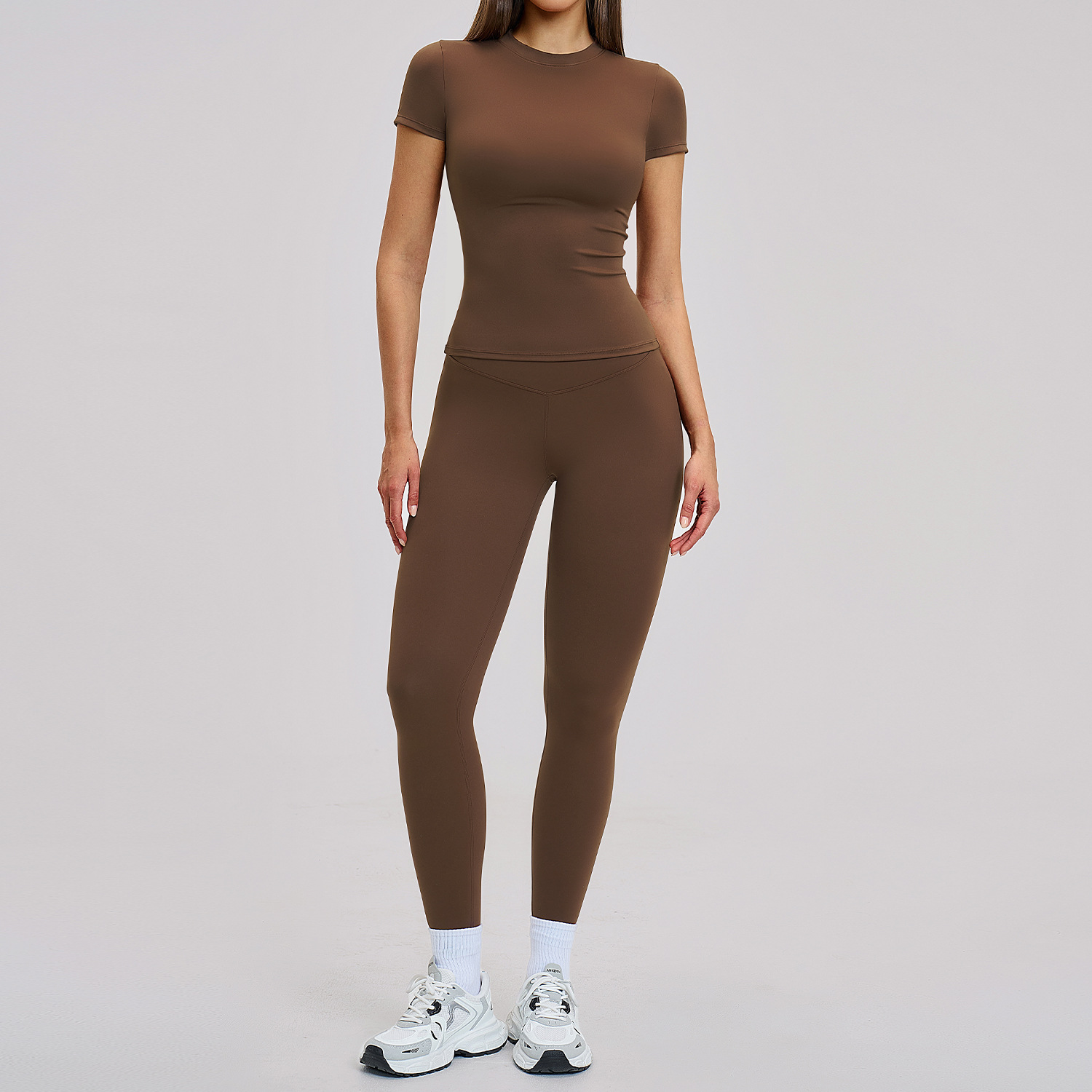 OME Wholesale Custom Yoga Set Women 2 Piece Sportswear High Waist Leggings Short Sleeve Activewear MOQ 100PCS Color Custom