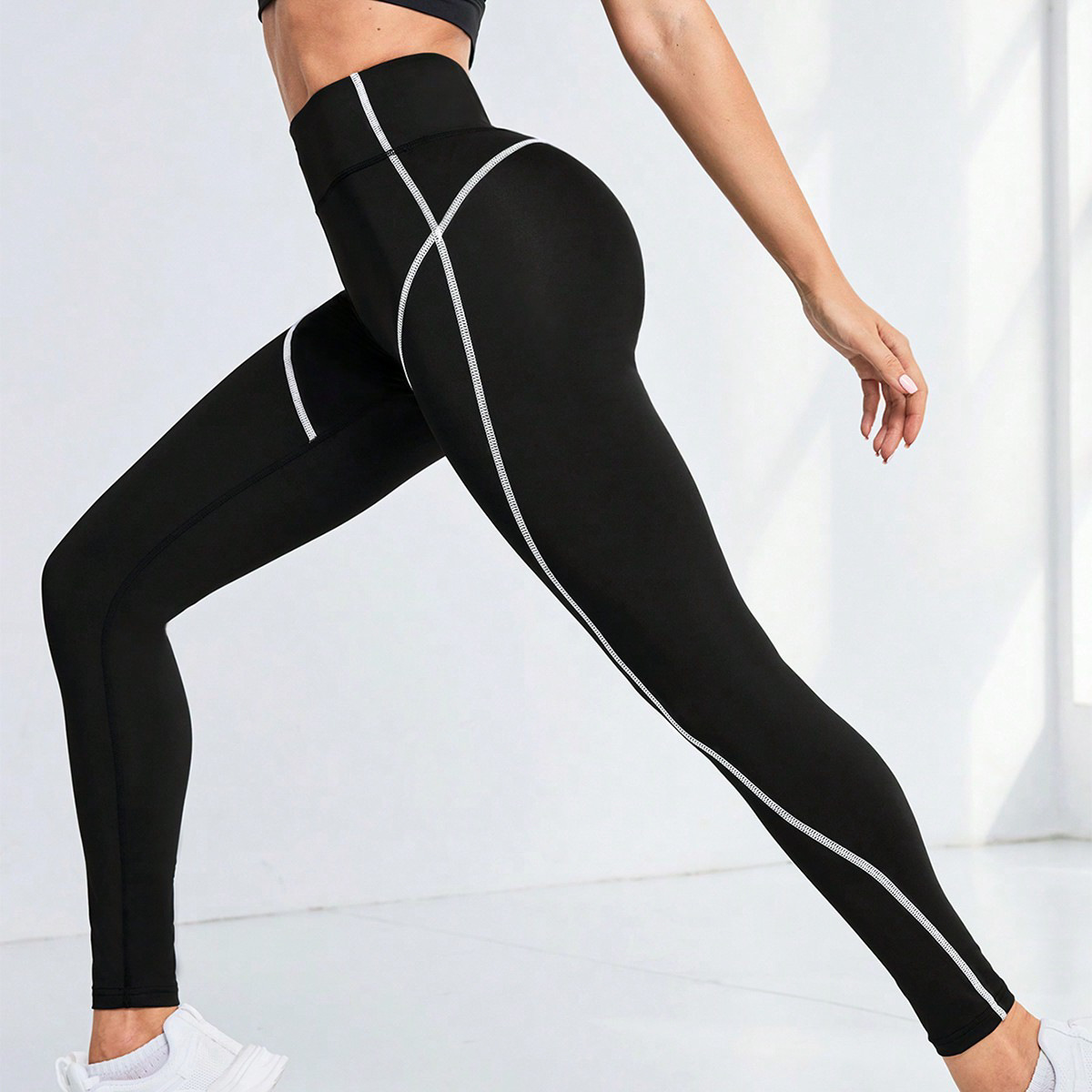 Custom Logo High Waist Women's Yoga Leggings Contrast Stitching Seamless Spandex/Nylon Quick Dry 4-Way Stretch Sports Tights for