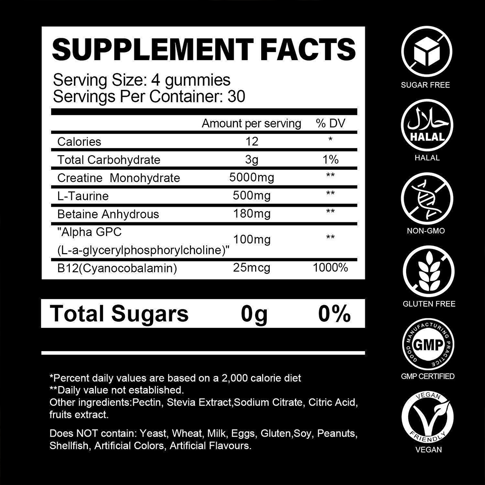 Creatine Monohydrate Creatina Monohidratada Pre Workout Gummies 5000mg Vegan Custom Loggo Private Label for Women