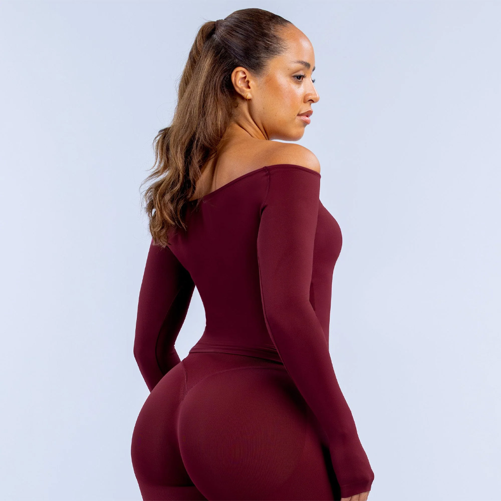 Wholesale Women's Off-shoulder Long Sleeves Fashion Design Custom Logo Private Label Solid Seamless Workout Yoga Gym Activewear