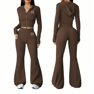Customized Women Knitted Premium Stretchy Fitted Lounge Wear Set Zip Up Hooded Crop Top Flare Pants