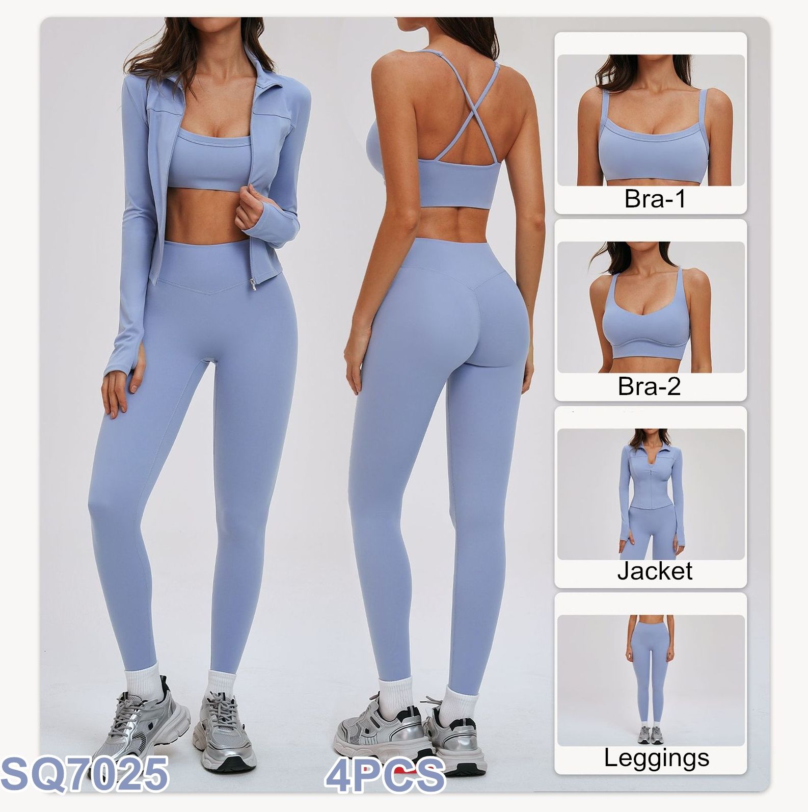 Customized Women 4 Piece Sets Gymwear &amp; Fitness Wear Sports Leggings Set Wholesale Blue Pants Zipper Jacket Suit Yoga Sets
