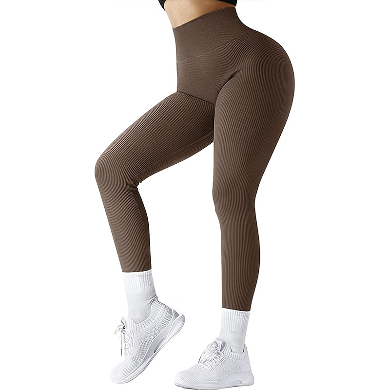 Custom Logo V-Shape Ribbed High Waist Elastic Athletic Yoga Leggings for Women Scrunch Gym Workout
