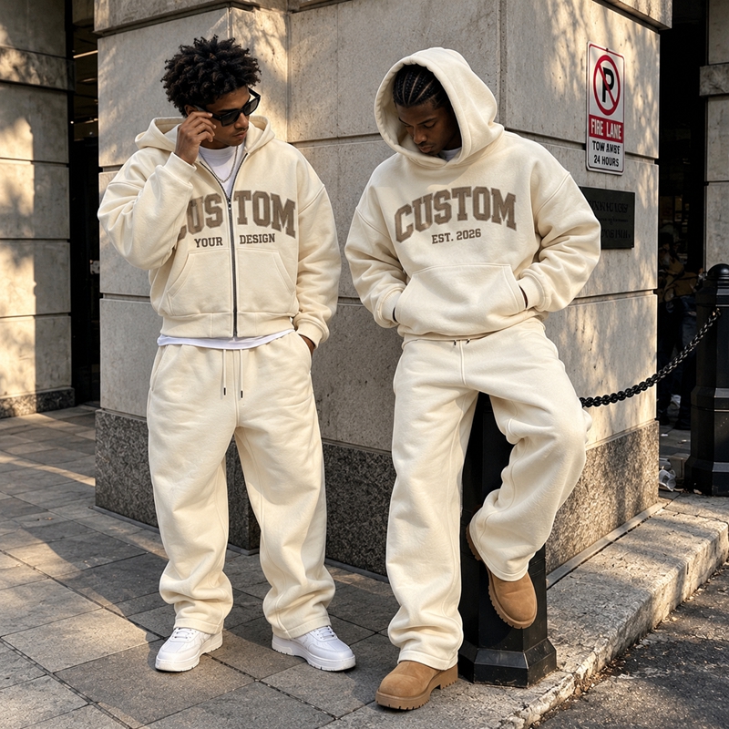 Custom Logo Applique Print 450 GSM 100% Cotton Oversized Zip-Up Hoodie and Baggy Sweatpants Tracksuit Set for Men