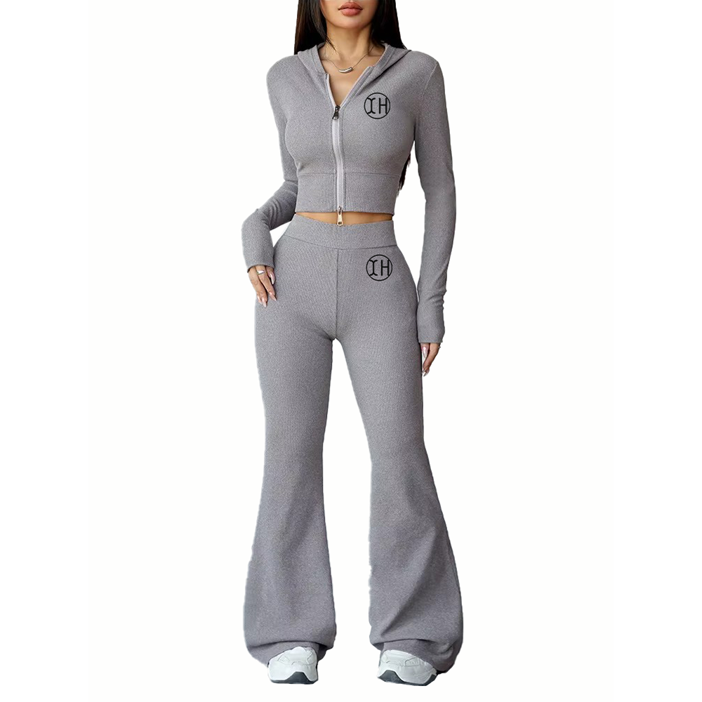 Customized Women Knitted Premium Stretchy Fitted Lounge Wear Set Zip Up Hooded Crop Top Flare Pants Lightweight Casual Wear