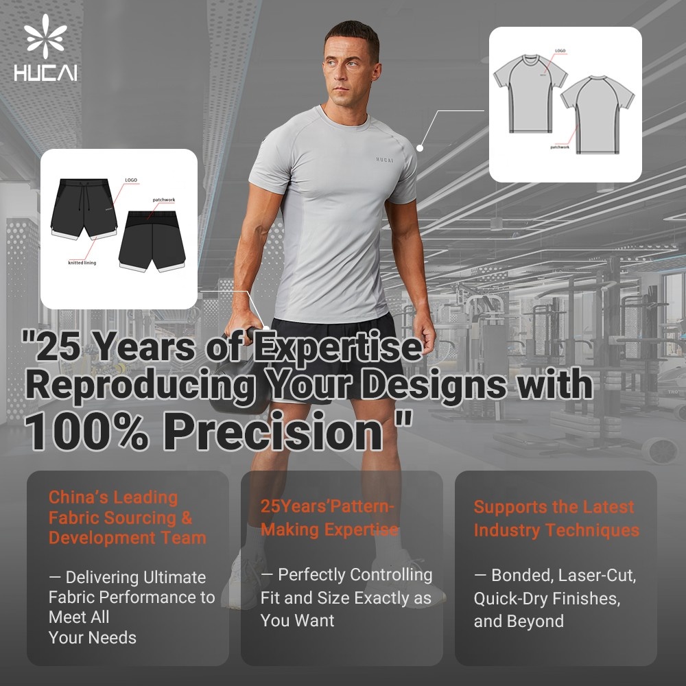 HUCAI OEM Customized Manufacturer Nylon Spandex Lightweight Muscle Fit Workout Training T-shirt Mens Compression Shirt Gym