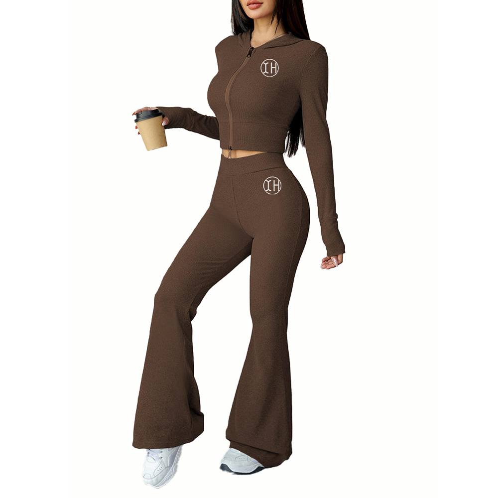 Customized Women Knitted Premium Stretchy Fitted Lounge Wear Set Zip up Hooded Crop Top Flare Pants Lightweight Casual Wear