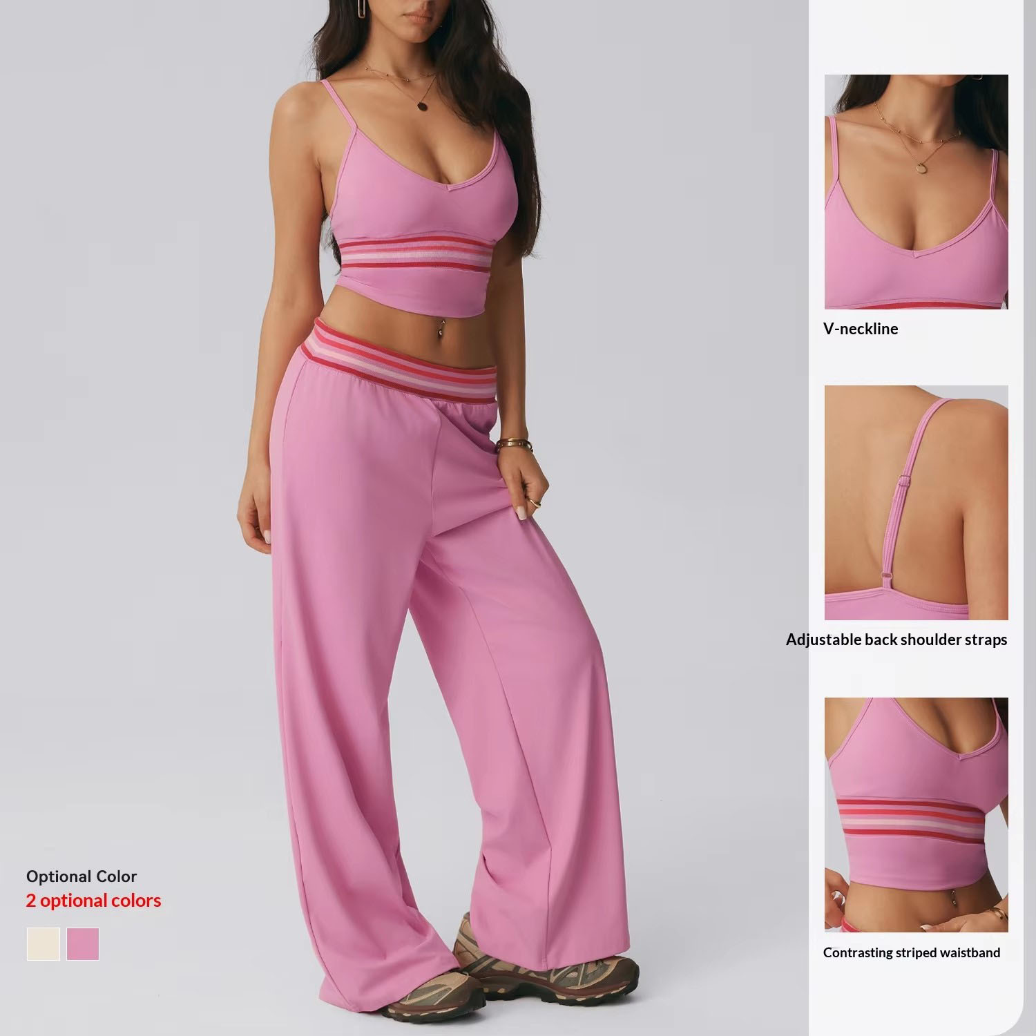 Custom Logo Y2K Athleisure 2 Piece Set Yoga Set Women V Neck Cropped Tank and Striped Waist Flare Trousers Wholesale Activewear
