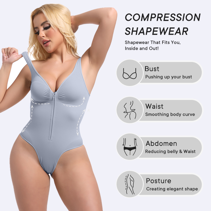 Front Invisible Zip up Brief Bodysuit Tank Top Slim Fit Sexy V Neck Shapewear Seamless One Pieces Bodysuit Jumpsuit