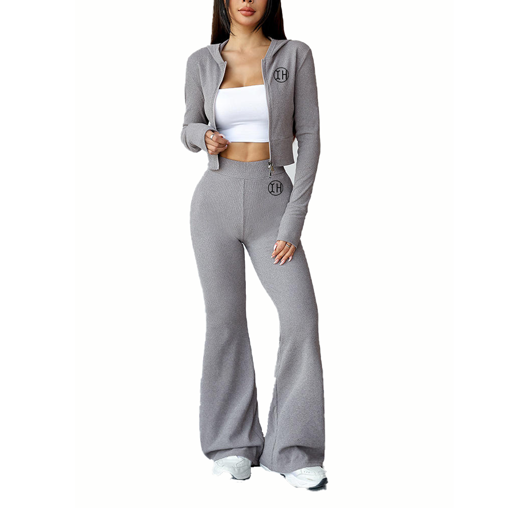 Customized Women Knitted Premium Stretchy Fitted Lounge Wear Set Zip up Hooded Crop Top Flare Pants Lightweight Casual Wear