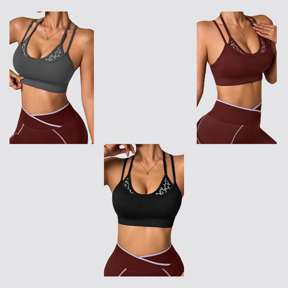 YNSEA Custom Wholesale Double Layer Crisscross Leopard Adjustable Cropped Sport Tank Top Bra Yoga Fitness Workout Gym Active Bra