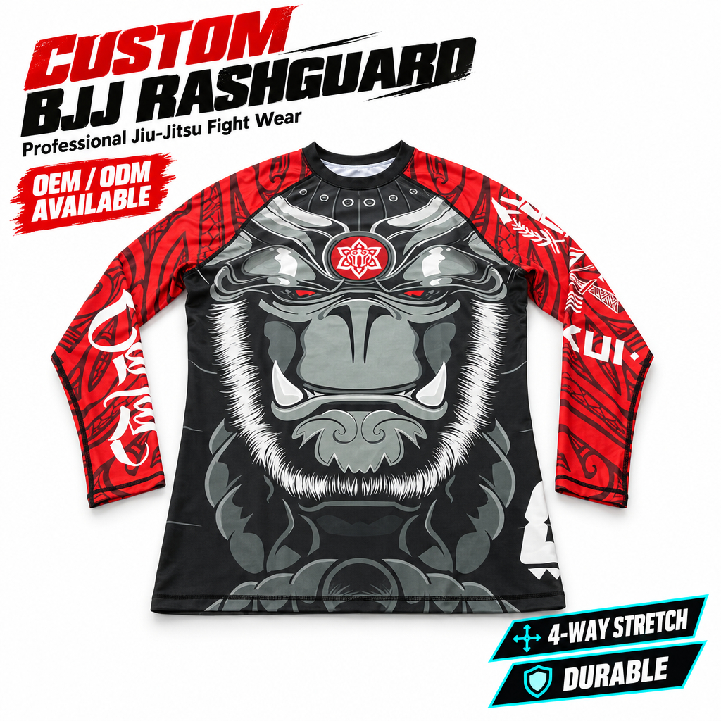 Custom Rashguard BJJ 4 Way Stretch Flatlock Stitched Silicone Waistband Sublimated Bjj Rashguard Long Sleeve Factory Supply