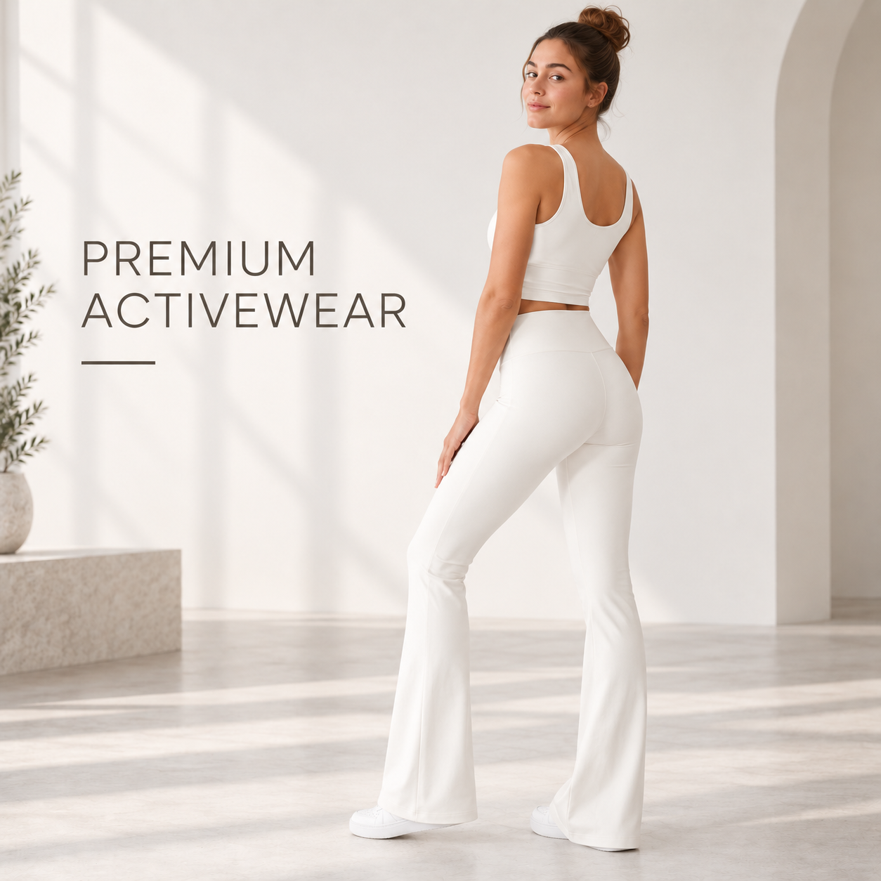 Custom Women Scoop Neck Ruched Tank Workout Set Sleeveless Crop Top High Waist Flared Leggings 2 Piece Yoga Activewear Set
