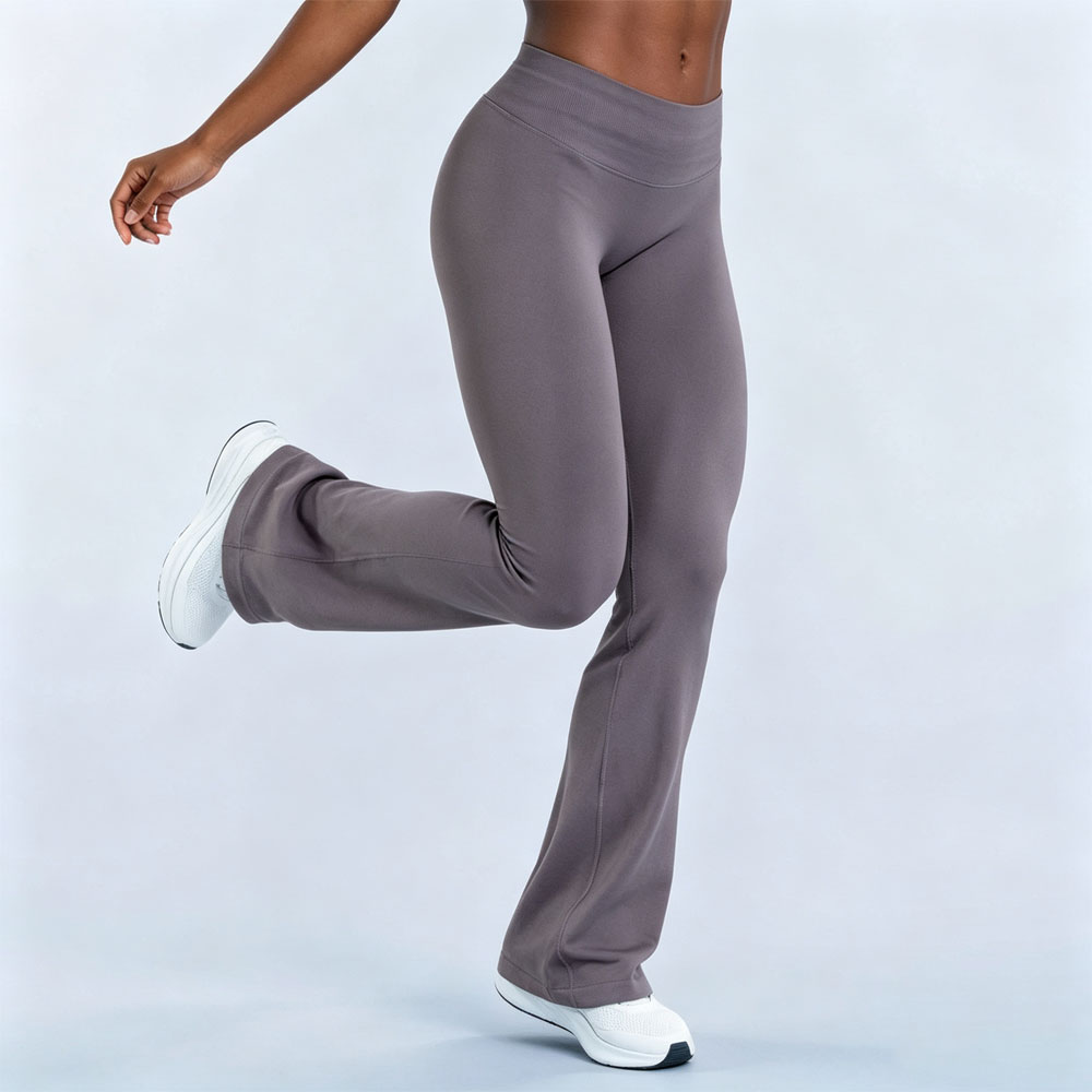 Custom New Arrival Nylon Supportive Fabric Mid Waist Tight Hip Lifting Bellbottom Pants Solid Seamless Fitness Yoga Flare Pants
