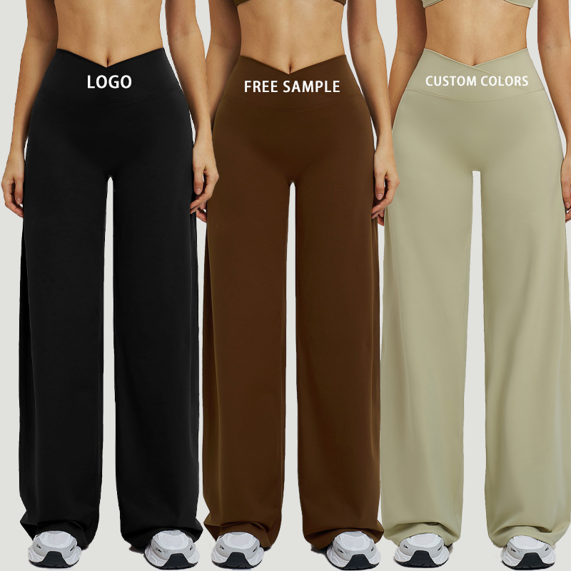 Custom Logo Print High Waist Quick Drying Four-Way Stretch Seamless Hip Lifting Yoga Leggings Tight Wide Leg Flared Women Gym
