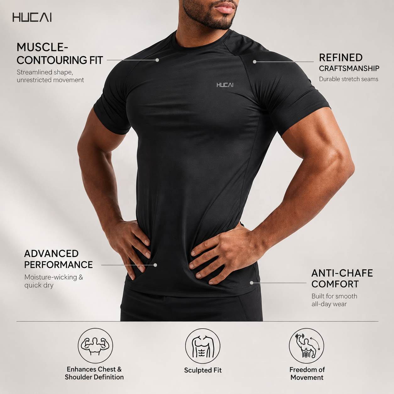 HUCAI OEM Customized Manufacturer Nylon Spandex Lightweight Muscle Fit Workout Training T-shirt Mens Compression Shirt Gym