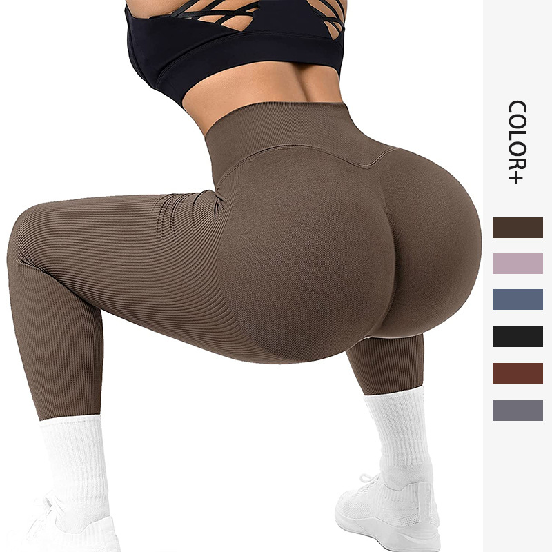Custom Logo V-Shape Ribbed High Waist Elastic Athletic Yoga Leggings for Women Scrunch Gym Workout