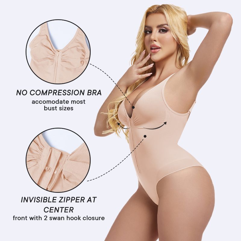 Front Invisible Zip up Brief Bodysuit Tank Top Slim Fit Sexy V Neck Shapewear Seamless One Pieces Bodysuit Jumpsuit