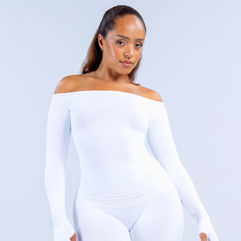 Wholesale Women's Off-shoulder Long Sleeves Fashion Design Custom Logo Private Label Solid Seamless Workout Yoga Gym Activewear