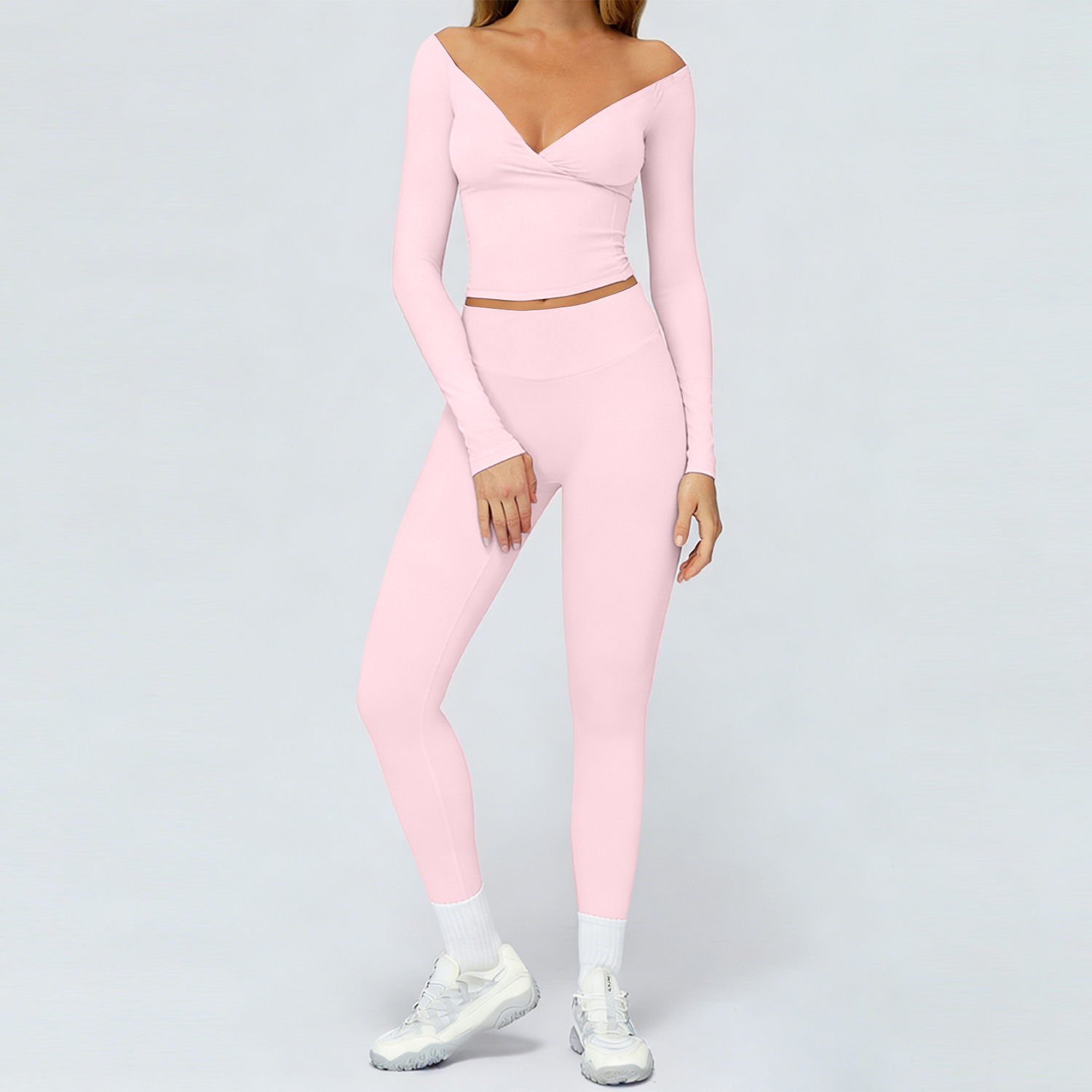 XW-ACX8002-2+ACK8002-1 New Arrivals Gym Clothing Fitness Fashion v Neck Custom Workout Outfit 2 Piece Sports Yoga Wear Set