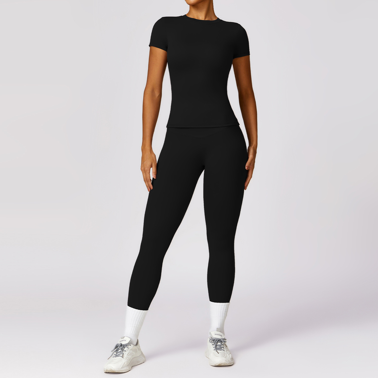 OME Wholesale Custom Yoga Set Women 2 Piece Sportswear High Waist Leggings Short Sleeve Activewear MOQ 100PCS Color Custom