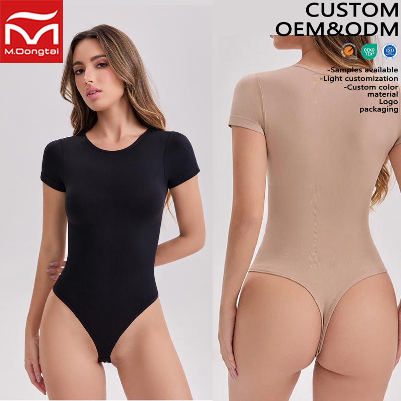 Private Label Silk Shapewear Bodysuit Firm Tummy Control Short Sleeve High Cut Slimming Anti-Bacterial Waist Shaper Women Shaper