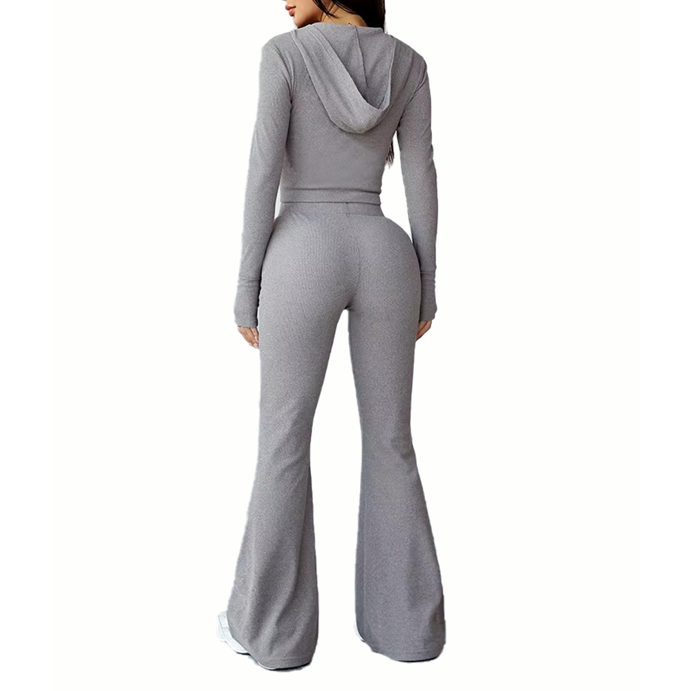Customized Women Knitted Premium Stretchy Fitted Lounge Wear Set Zip Up Hooded Crop Top Flare Pants Lightweight Casual Wear