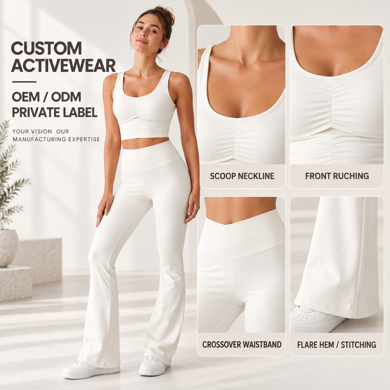 Custom Women Scoop Neck Ruched Tank Workout Set Sleeveless Crop Top High Waist Flared Leggings 2 Piece Yoga Activewear Set