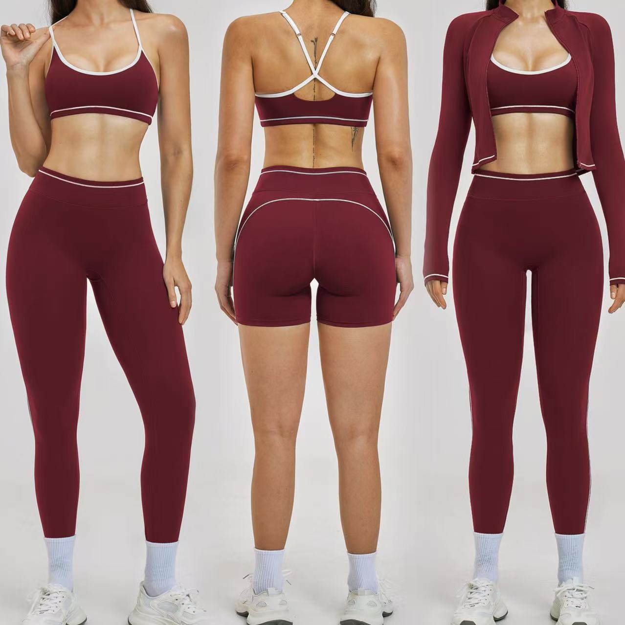 Wholesale Outdoor Women's Yoga Sets 4-Piece Fitness Jacket Workout Activewear Quick Dry Bra High Waist Leggings Gym Set