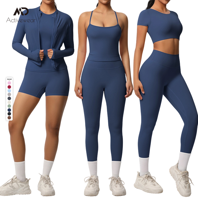 Wholesale 8pcs Women's Gym Fitness Sportswear Set Long Sleeve Short Top Bra Shorts Legging Solid Pattern Breathable Yoga Front