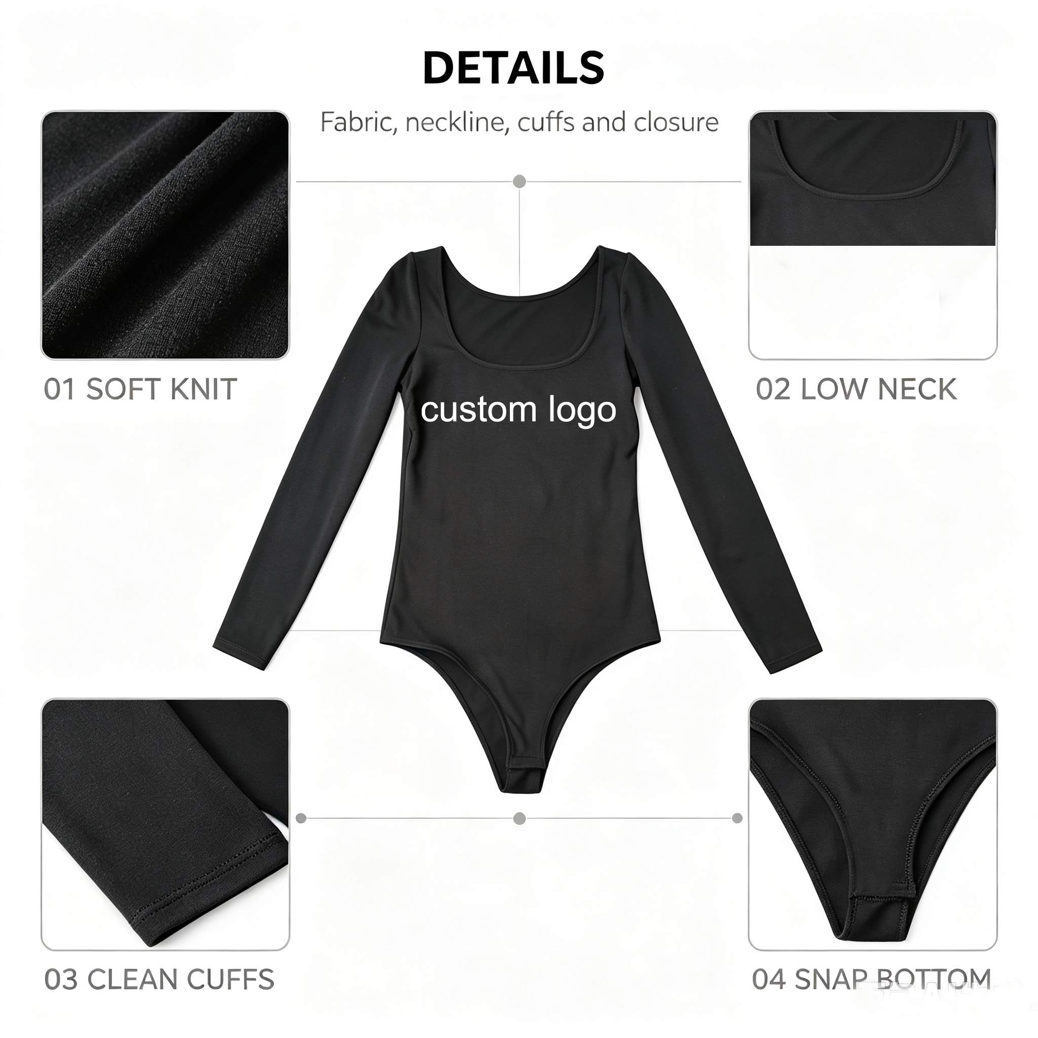 OEM Wholesale Summer Seamless Snap Closure Basic Slim Fit Square Neck Spandex/Polyester Sexy Top Ladies Long Sleeve Bodysuit