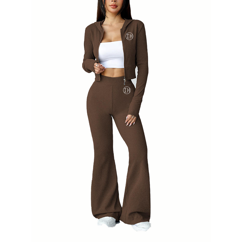 Customized Women Knitted Premium Stretchy Fitted Lounge Wear Set Zip up Hooded Crop Top Flare Pants Lightweight Casual Wear