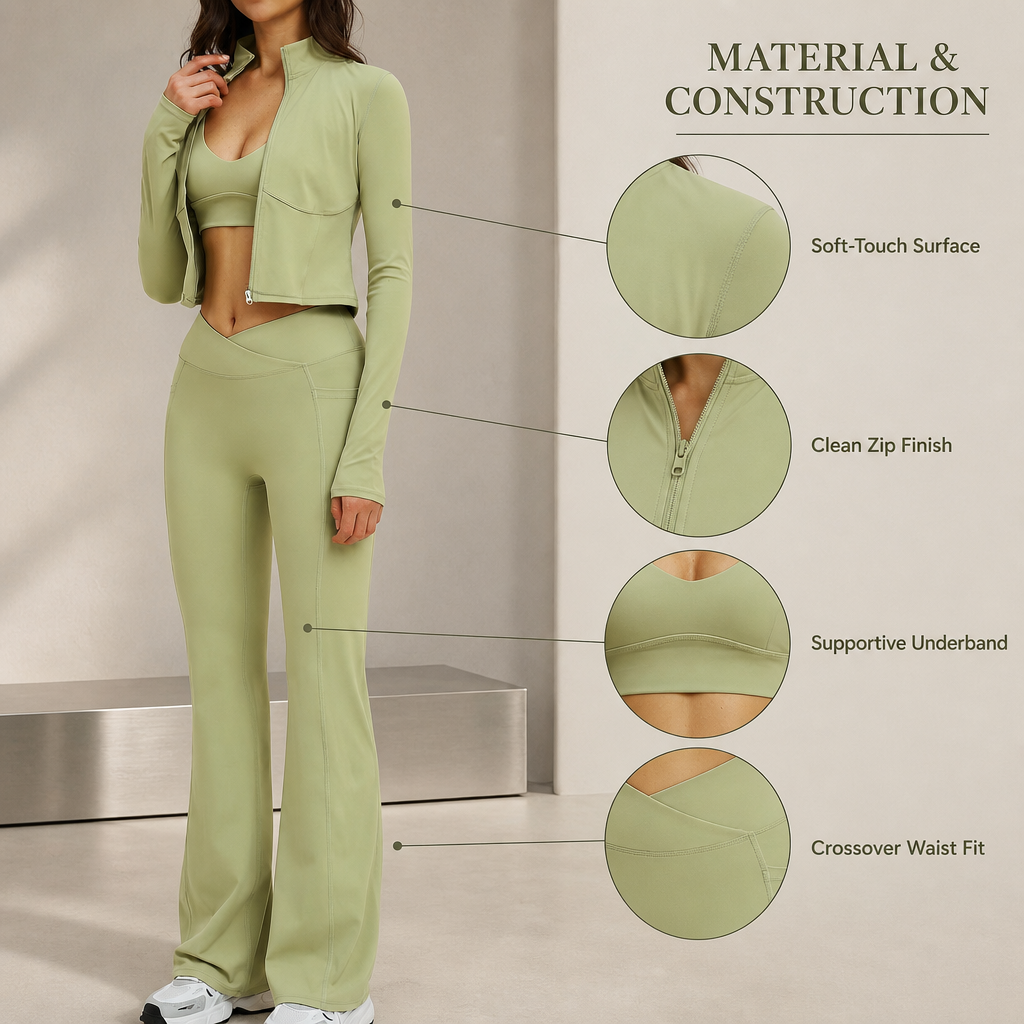 Custom Activewear Manufacturers Gym Fitness Sets Long Sleeve Crop Jacket High Wasir Wide Leg Pants Sports Suits Women Yoga Sets