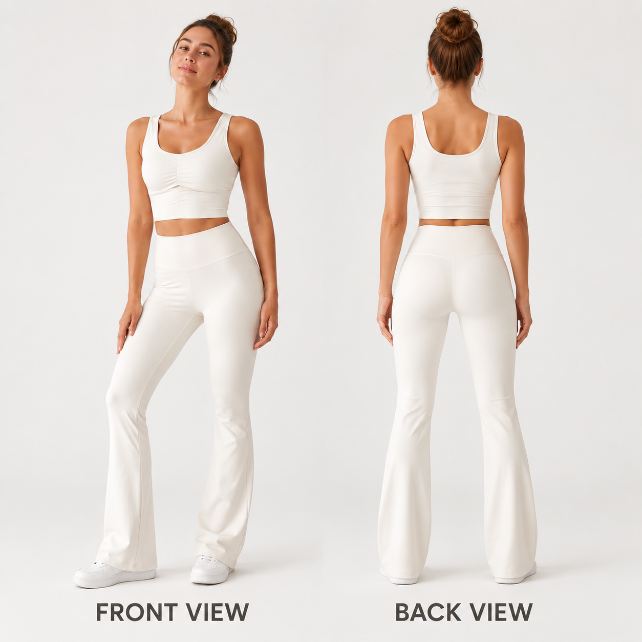 Custom Women Scoop Neck Ruched Tank Workout Set Sleeveless Crop Top High Waist Flared Leggings 2 Piece Yoga Activewear Set