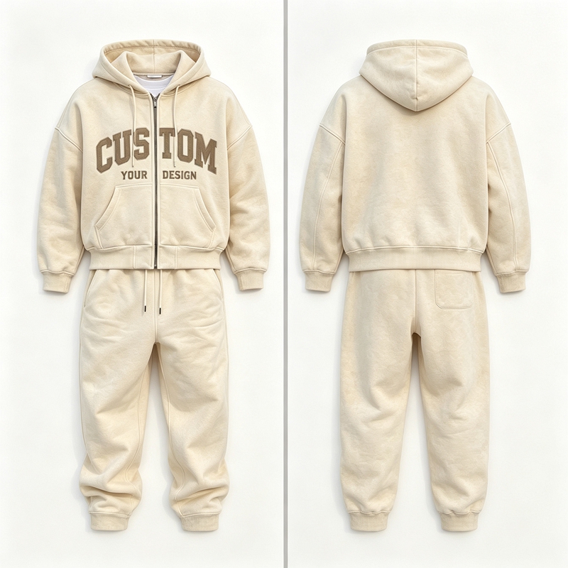 Custom Logo Applique Print 450 GSM 100% Cotton Oversized Zip-Up Hoodie and Baggy Sweatpants Tracksuit Set for Men