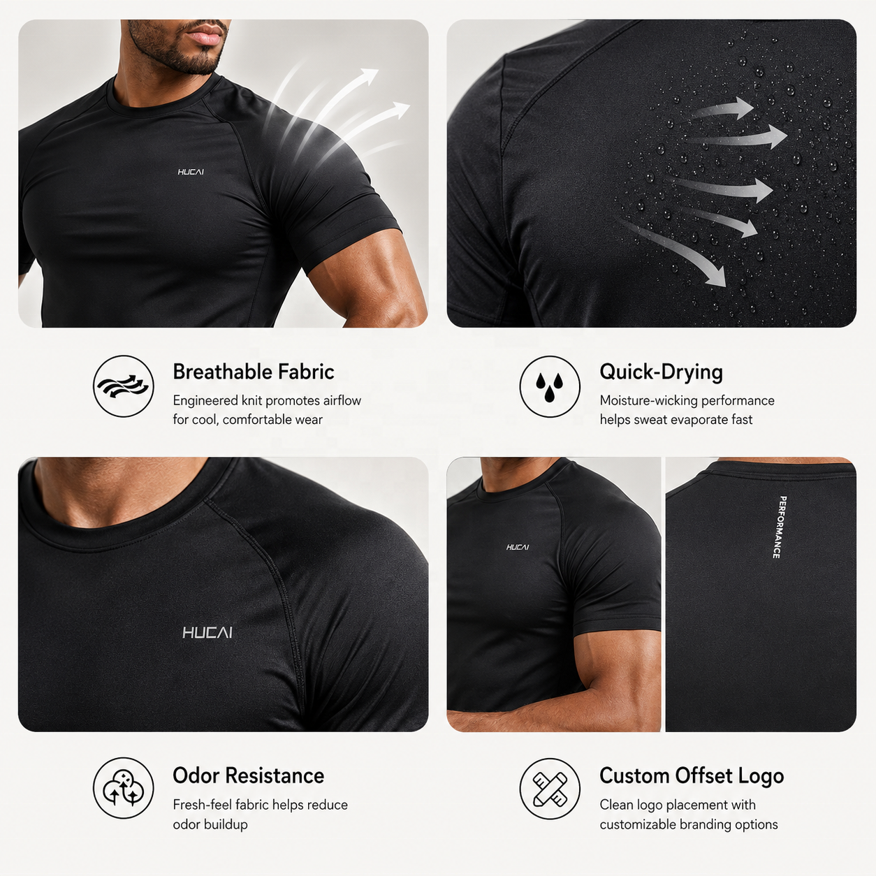 HUCAI OEM Customized Manufacturer Nylon Spandex Lightweight Muscle Fit Workout Training T-shirt Mens Compression Shirt Gym