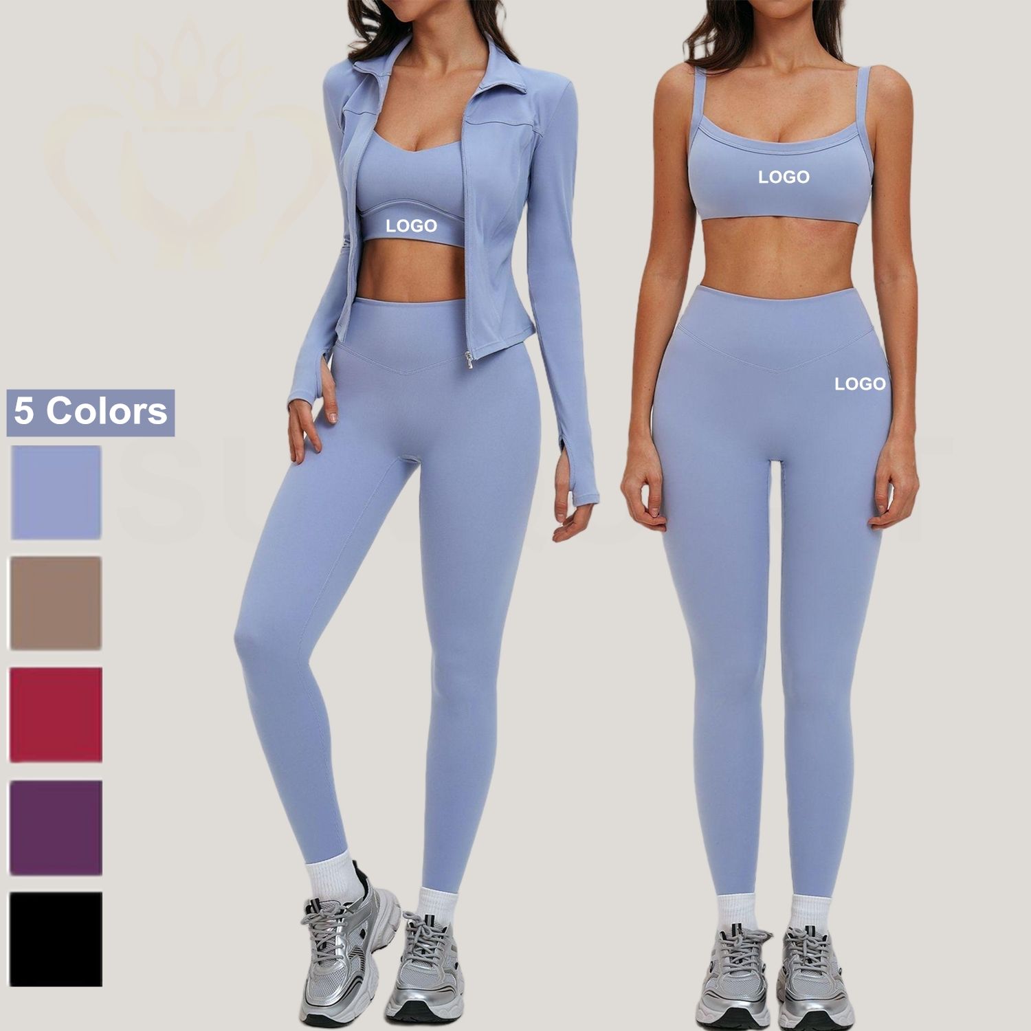 Customized Women 4 Piece Sets Gymwear &amp; Fitness Wear Sports Leggings Set Wholesale Blue Pants Zipper Jacket Suit Yoga Sets