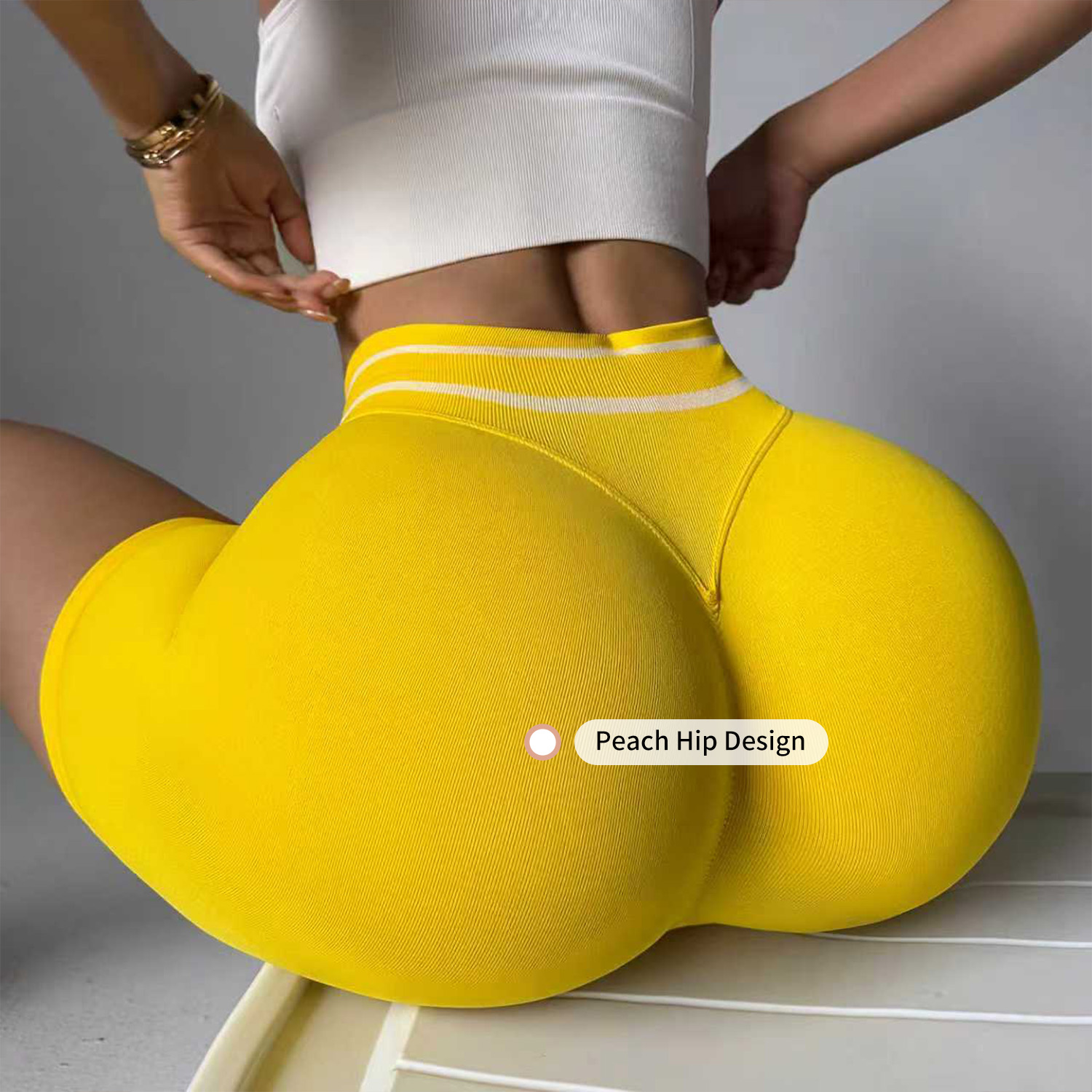 Wholesale Seamless Peach Hip Women's High Waist Yoga Shorts Color Block Stripe Quick Dry Running Butt Lifting Fitness Shorts