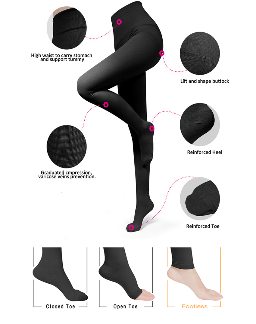Mild Compression Seamless Pantyhose for Swelling Varicose Veins Nylon and Spandex Open Toe Pantyhose / Tights Black, Beige