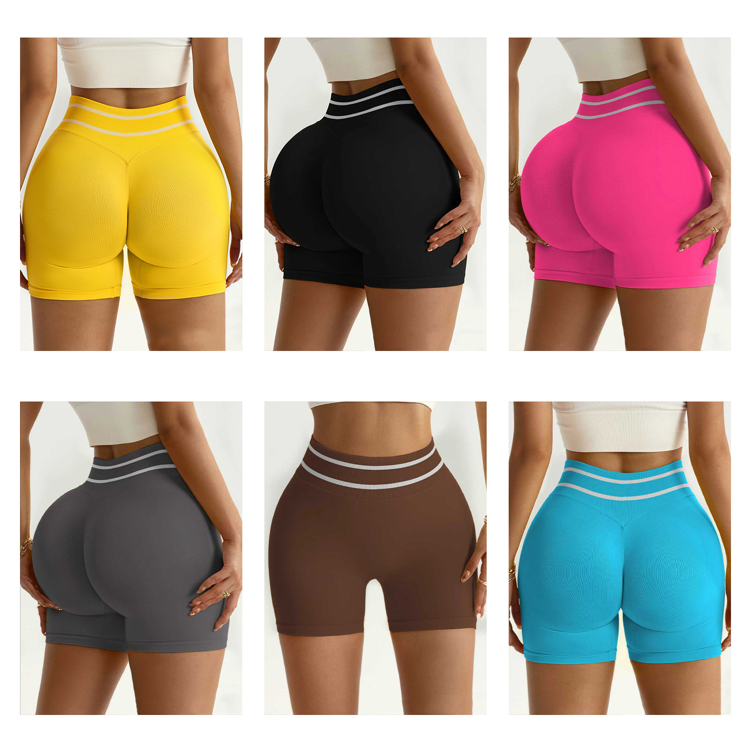 Wholesale Seamless Peach Hip Women's High Waist Yoga Shorts Color Block Stripe Quick Dry Running Butt Lifting Fitness Shorts