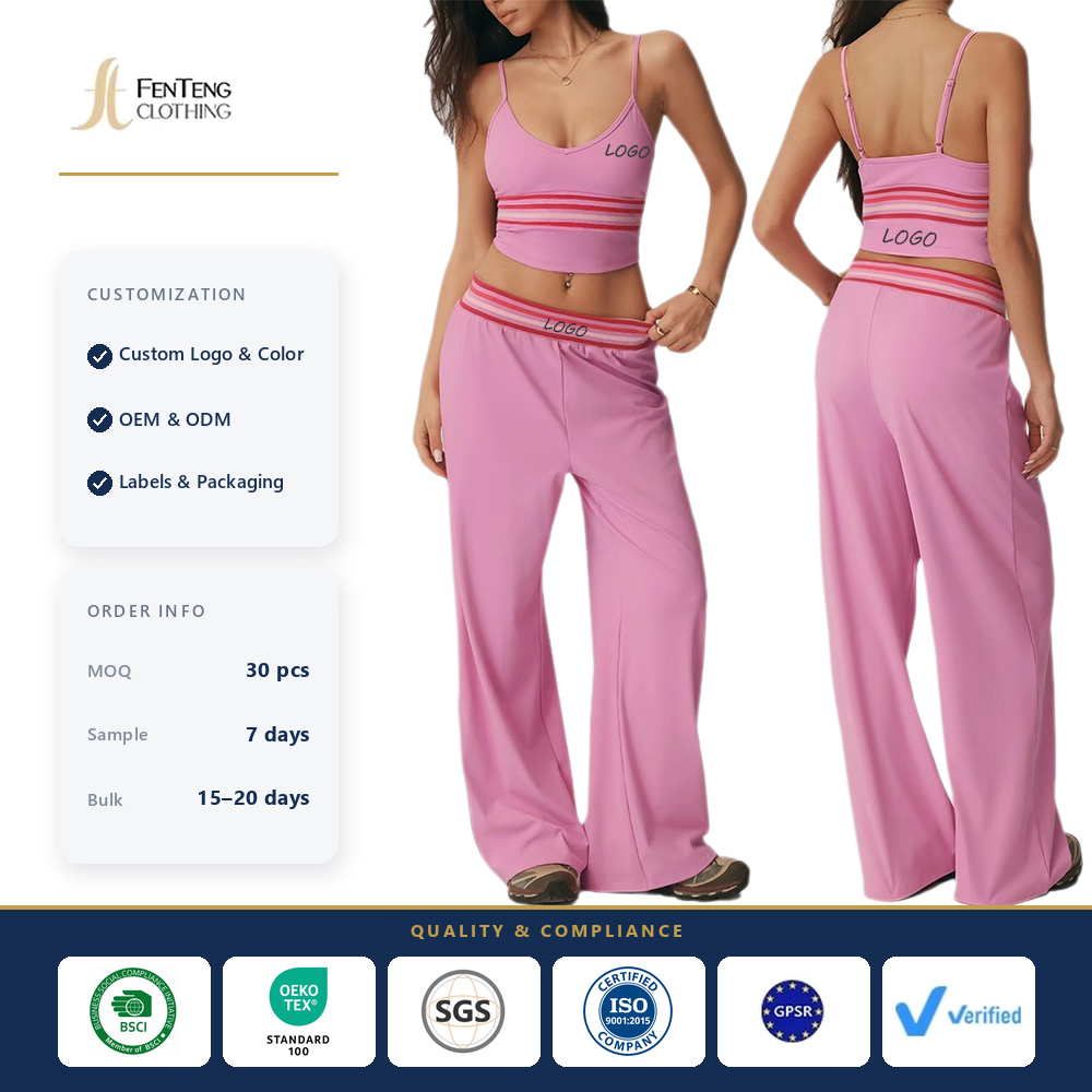 Custom Logo Y2K Athleisure 2 Piece Set Yoga Set Women V Neck Cropped Tank and Striped Waist Flare Trousers Wholesale Activewear